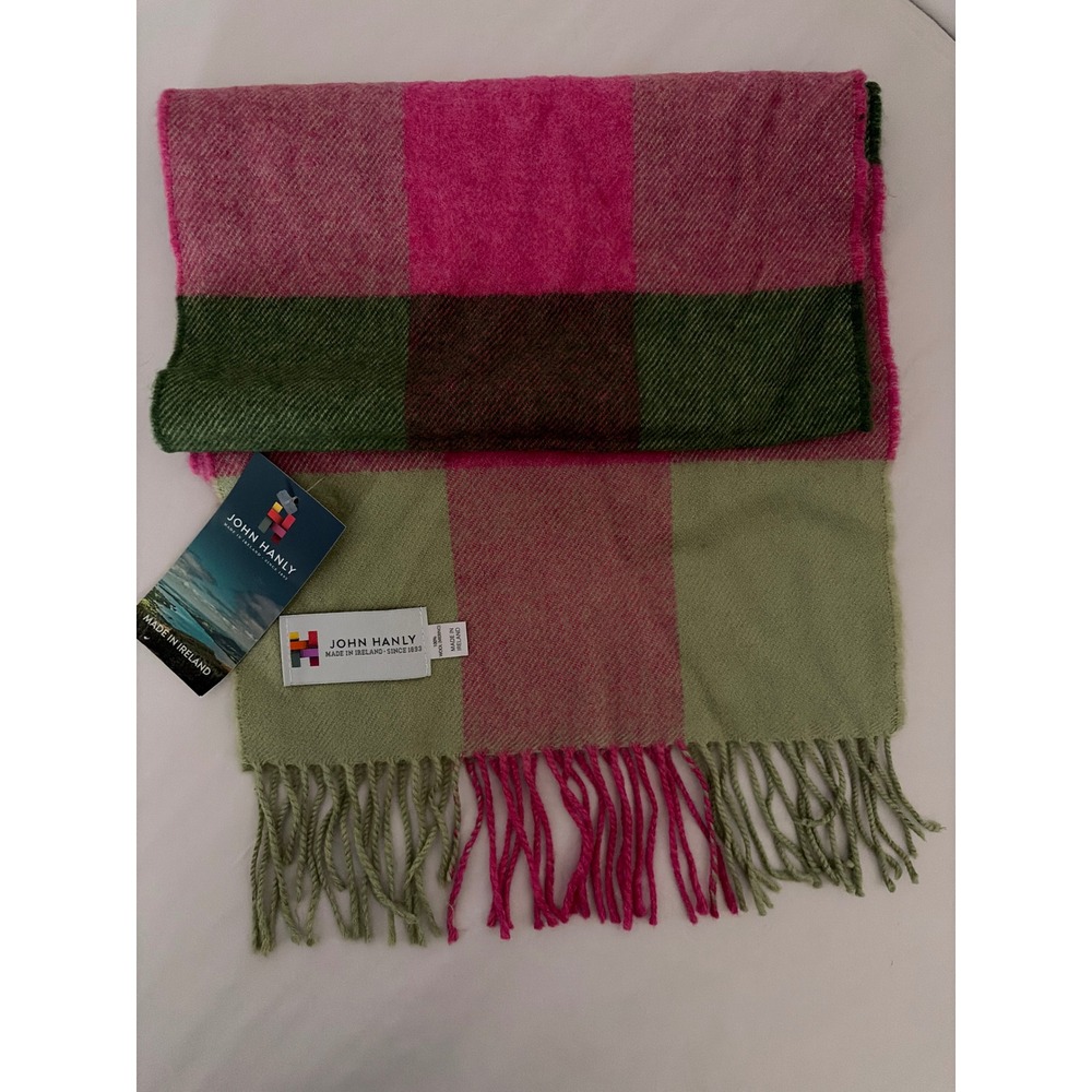 John Hanly Scarf Women OS Pink Green NEW 100% Merino Wool Fringe Made in Ireland